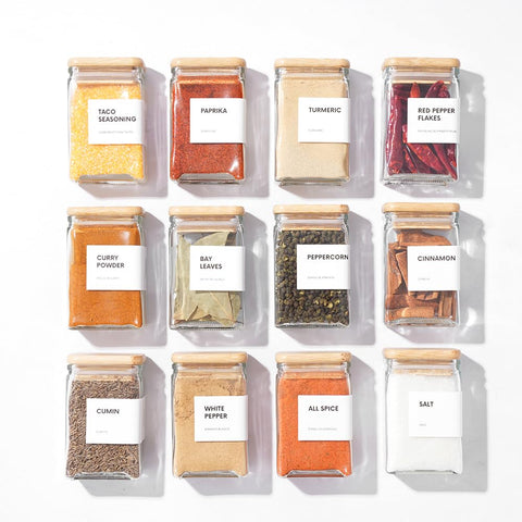 APT 1101 square spice jar with labels for easy identification and freshness