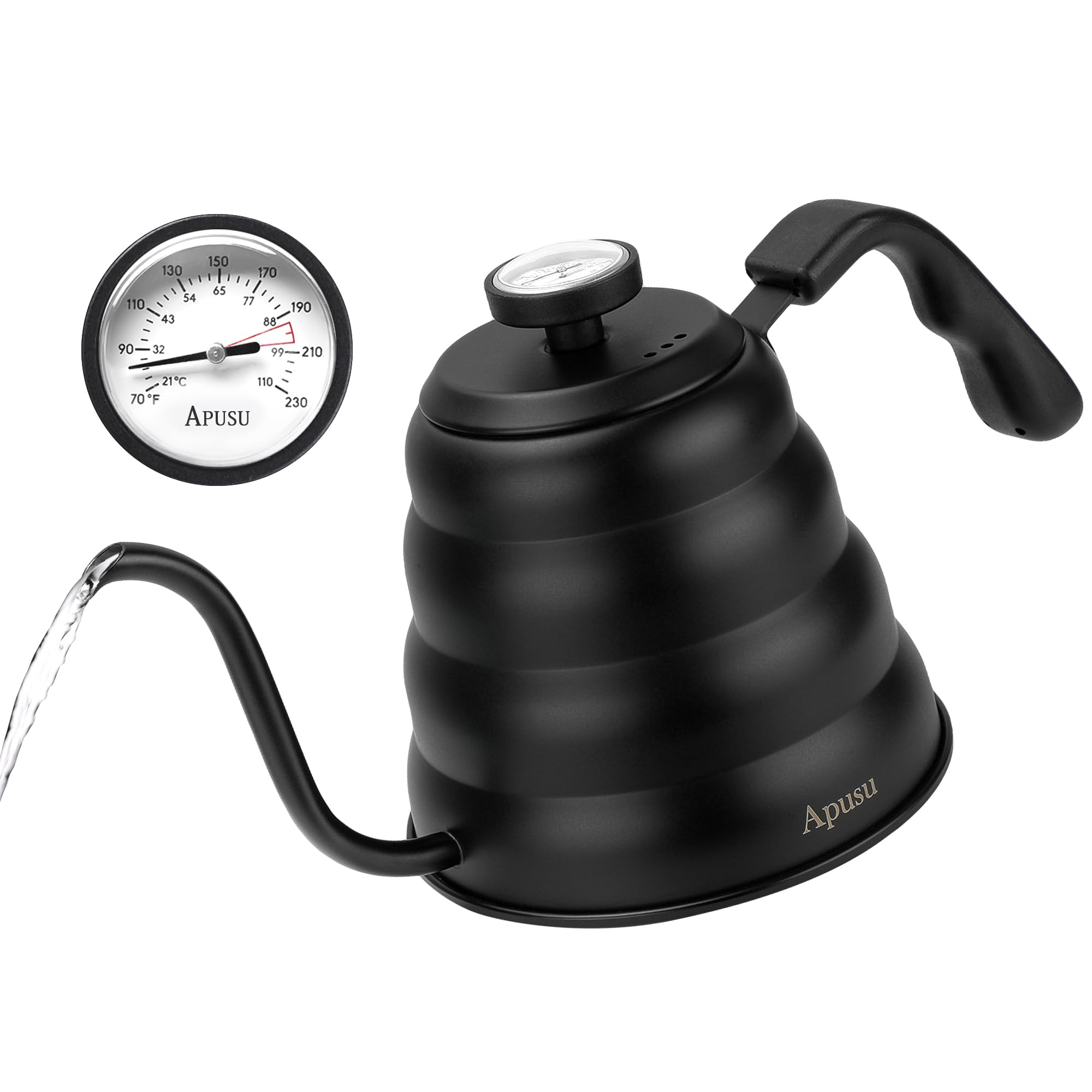 Apusu tea kettle with thermometer and gooseneck spout for precise pour over control
