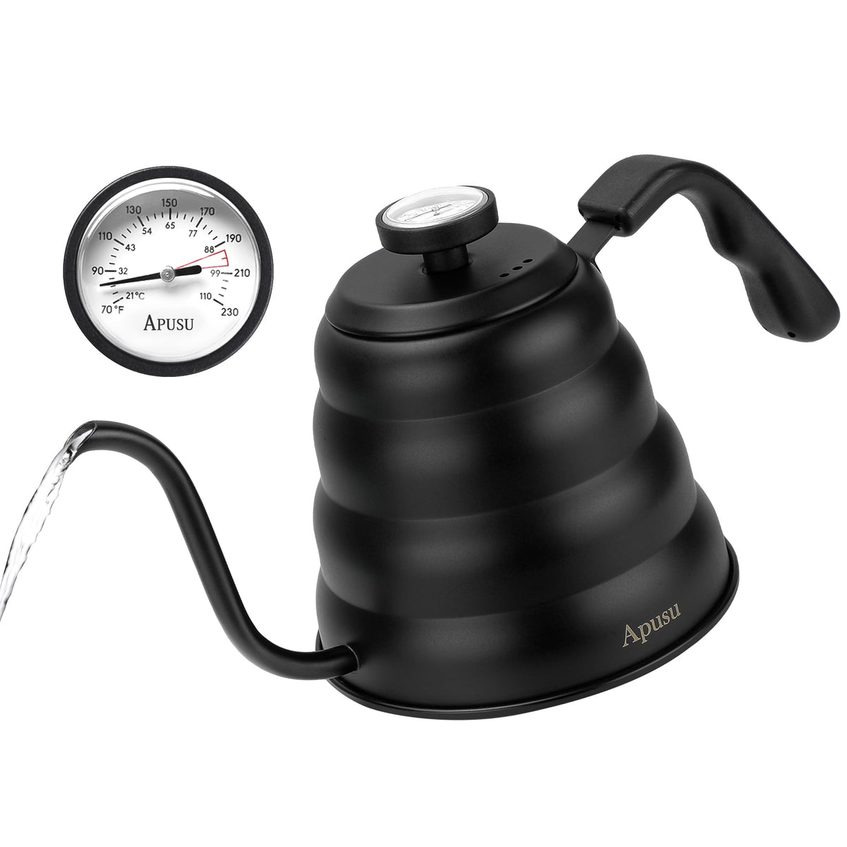 Apusu tea kettle with thermometer and gooseneck spout for precise pour over control