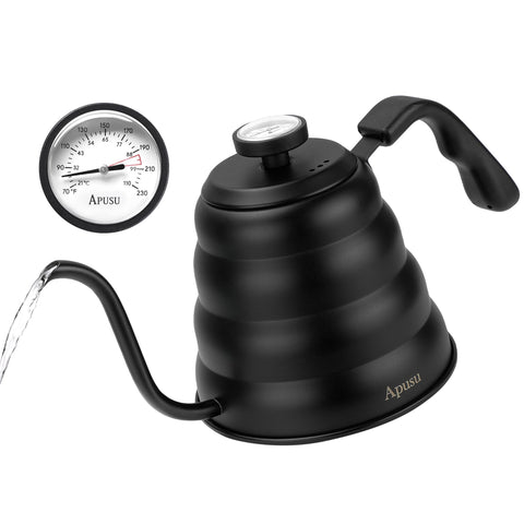 Apusu tea kettle with thermometer and gooseneck spout for precise pour over control
