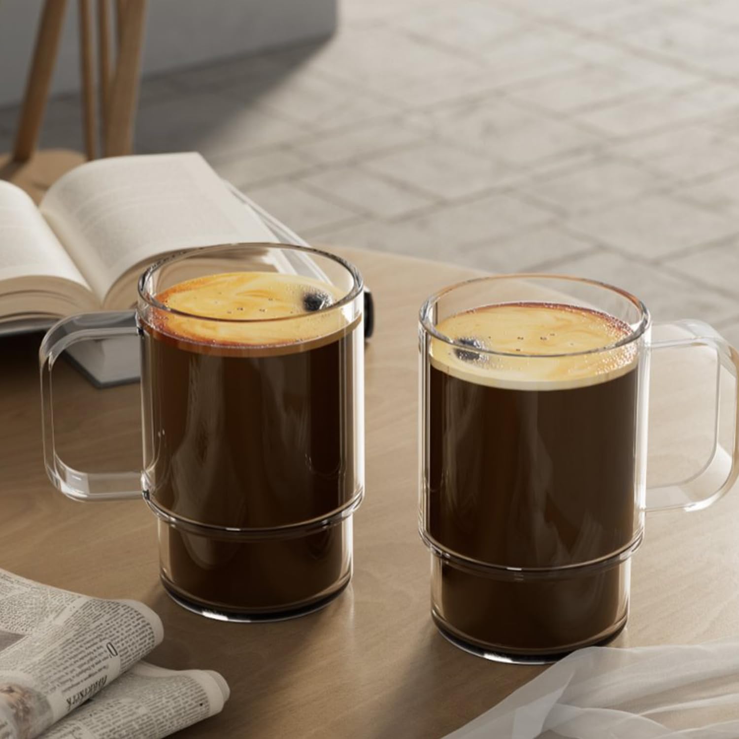 Aquach 18oz clear glass mugs highlight large capacity for lattes.