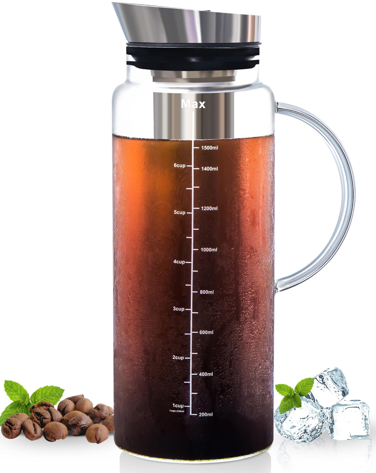 Aquach cold brew pitcher with glass carafe for 51oz batch coffee, ideal for gatherings