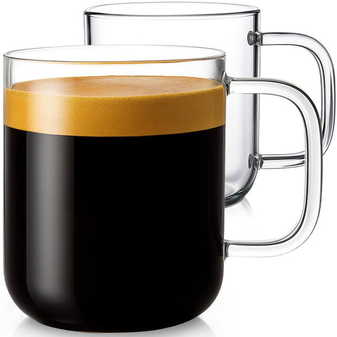 Aquach 16oz glass mug front view showing clear borosilicate resilience for hot and cold beverages