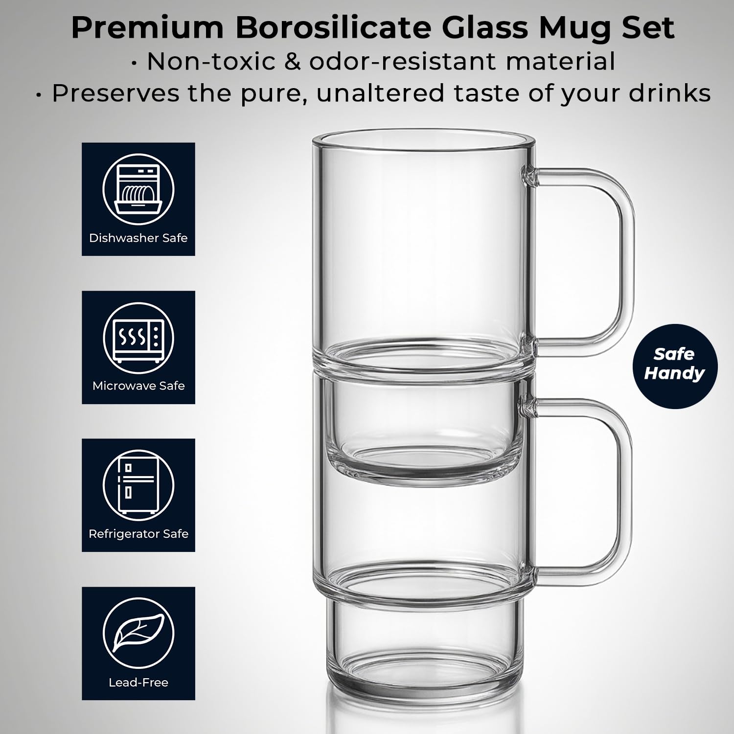 Aquach large-handle glass mugs offer comfortable grip.