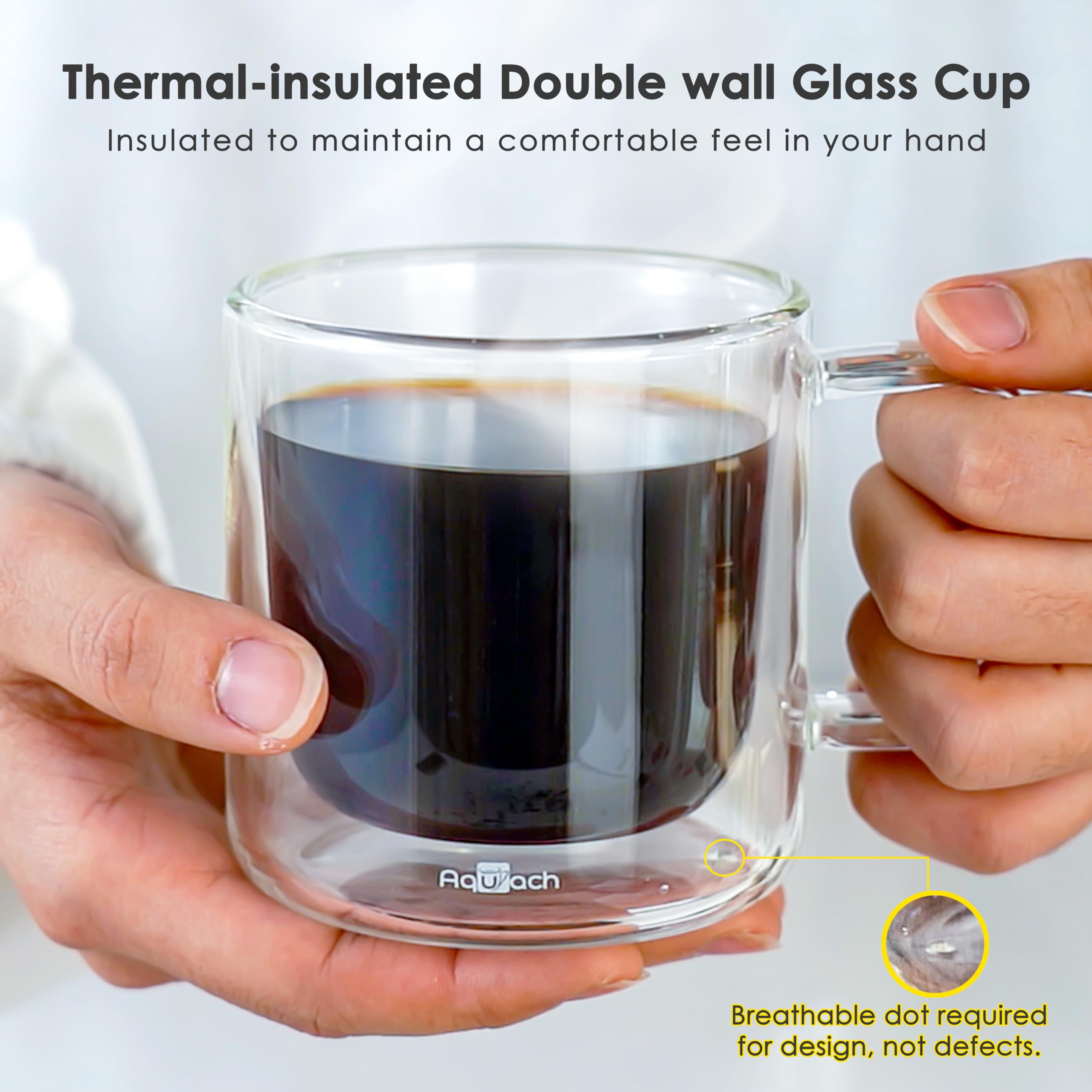 Aquach latte steam rising in 8oz mug shows comfortable grip and easy sipping