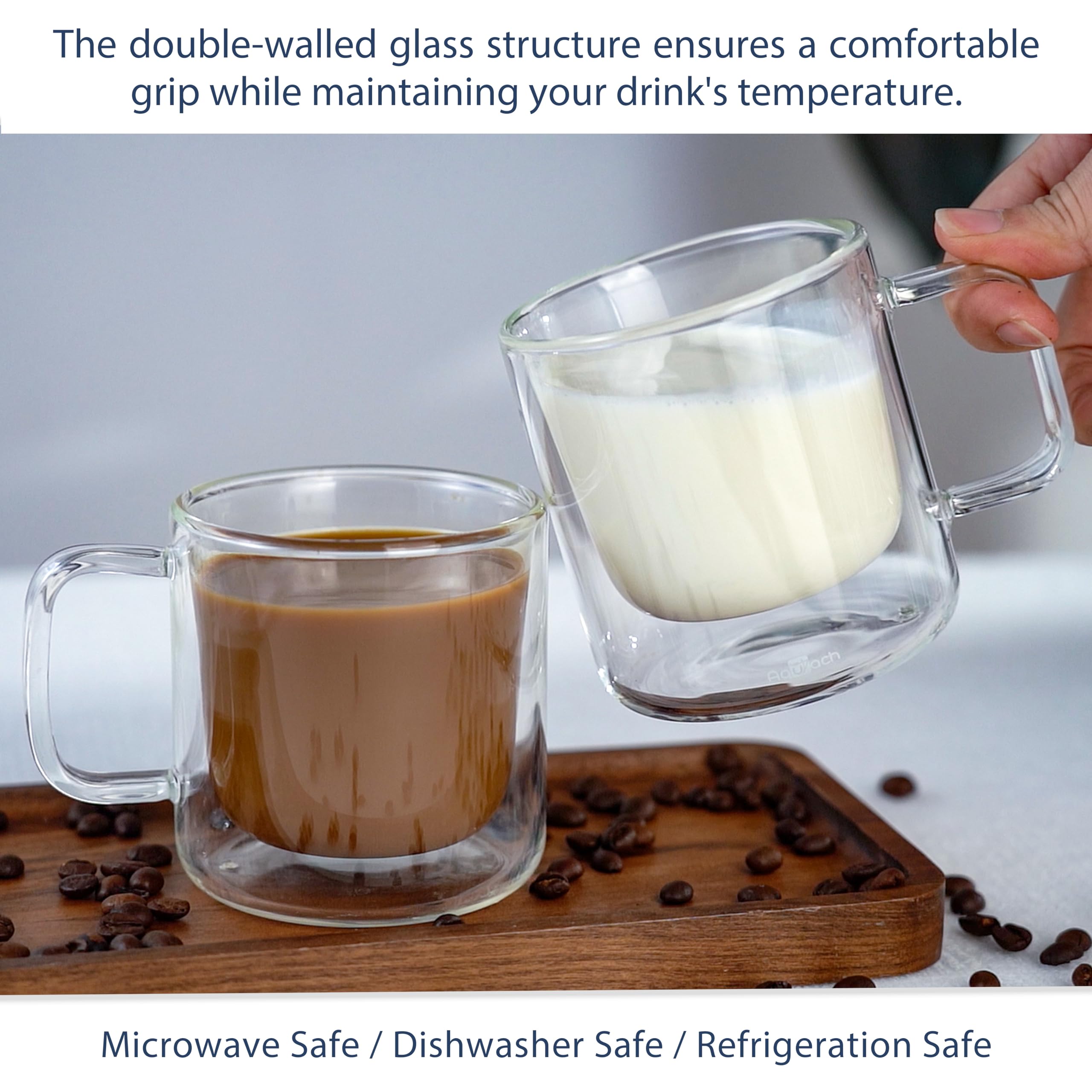 Aquach microwave-safe borosilicate glass mug supports quick reheats