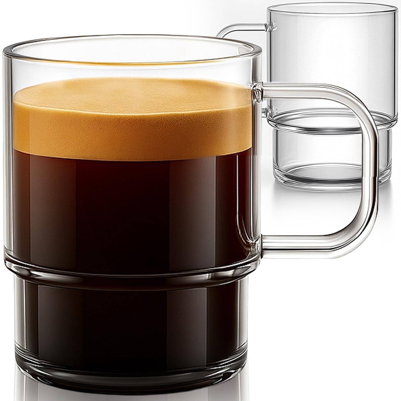 Aquach stackable glass mugs pair for space-saving coffee routines.