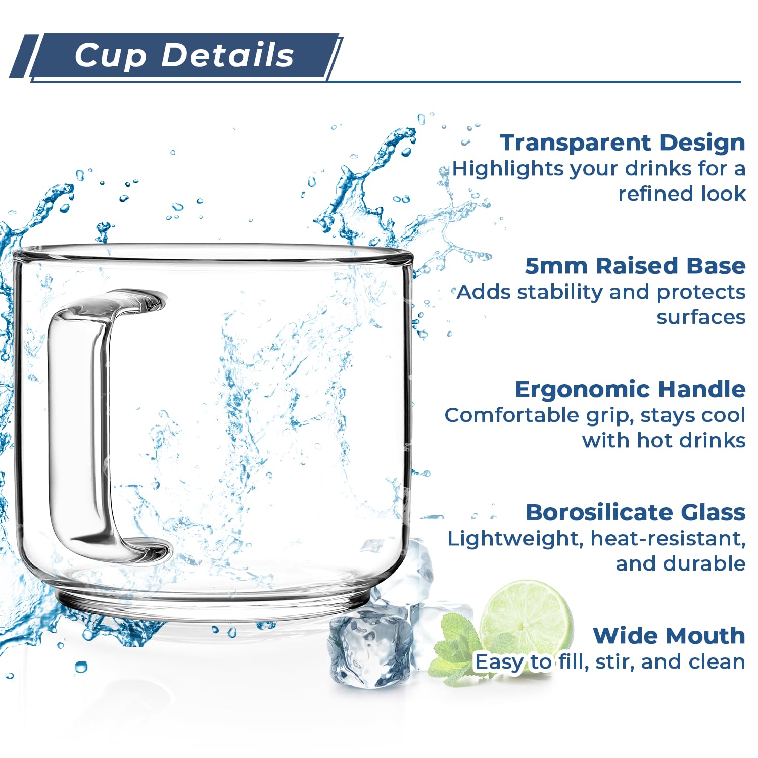 Aquach sturdy-base clear mug set keeps beverages stable on desks.