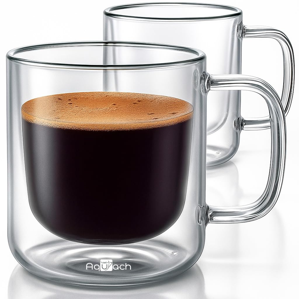 Aquach two-pack double-walled 8oz glass mugs with handle keep beverages hot or cold longer