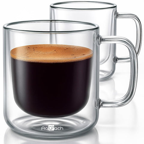 Aquach two-pack double-walled 8oz glass mugs with handle keep beverages hot or cold longer