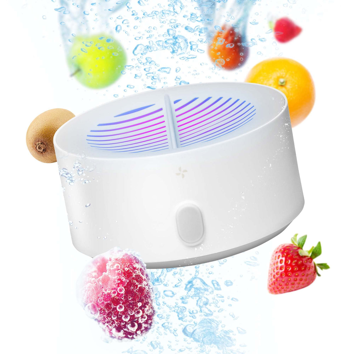 AquaPure fruit cleaner compact packaging beside fresh produce for quick cleaning