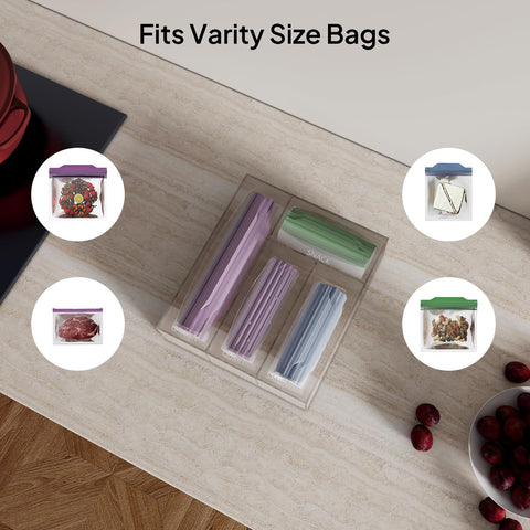 Aquiver labeled compartments sort snack, sandwich, and quart bags efficiently.
