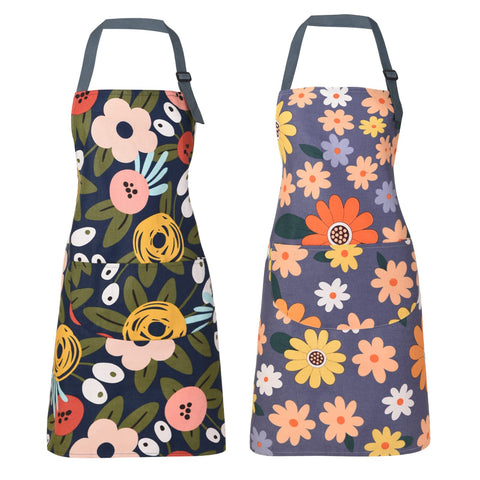 ARBINSON floral apron front view with blue flowers and comfortable fit.