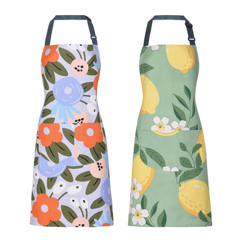 ARBINSON floral apron with yellow adjustable strap for comfortable kitchen prep
