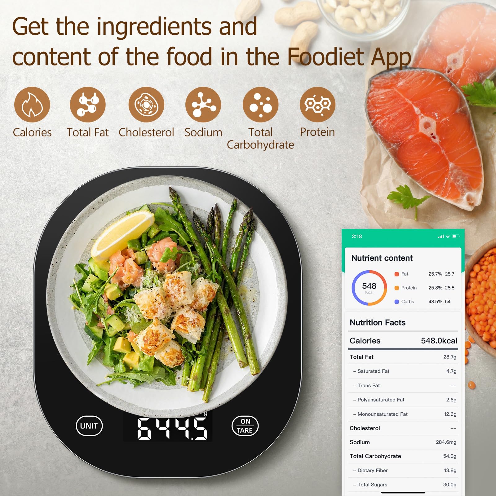 Ingredients on the Arboleaf scale during meal prep.