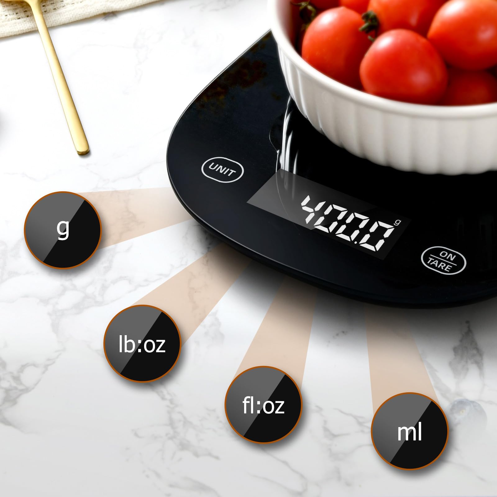 Tare function demonstrated with bowls and ingredients on Arboleaf scale.