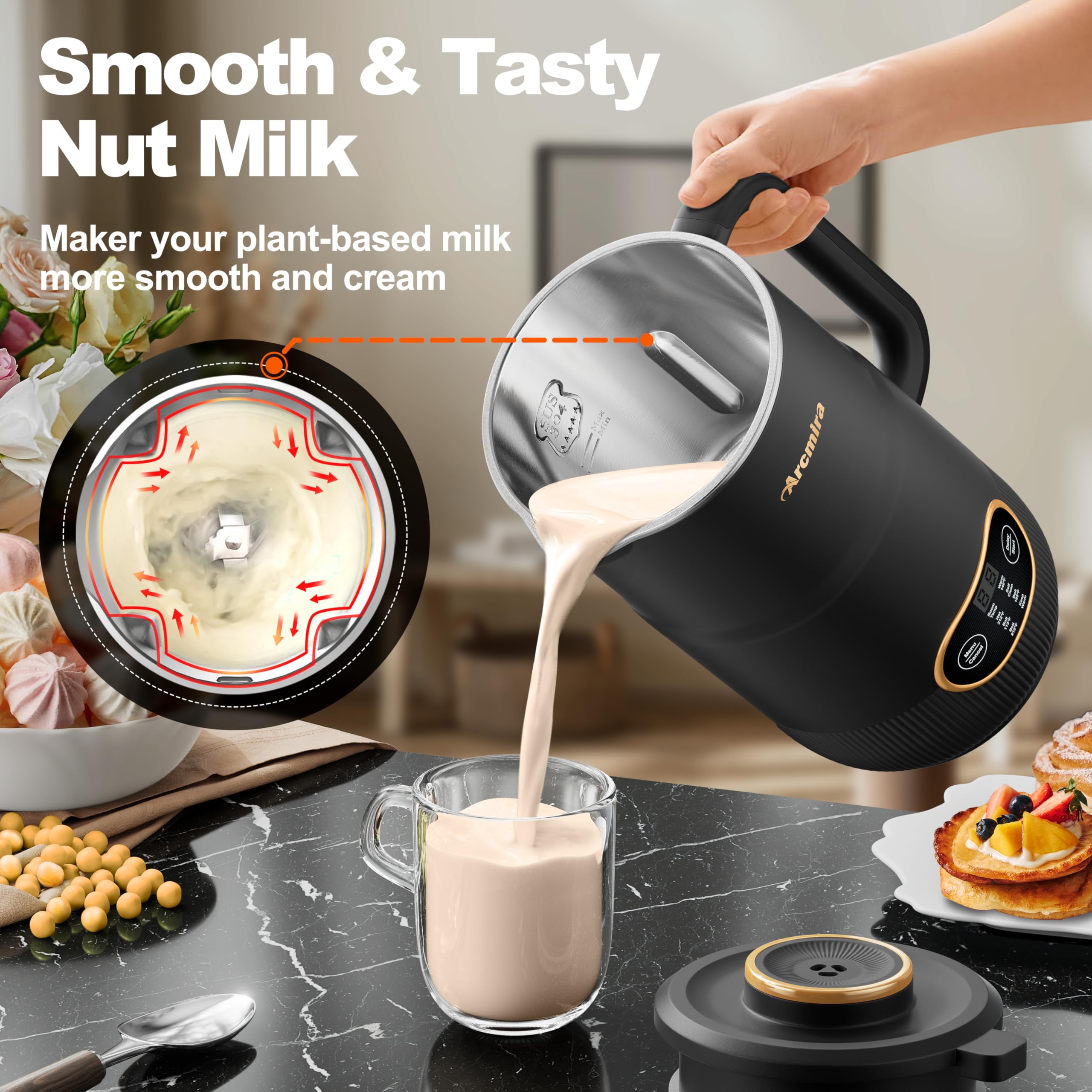 Arcmira 8-blade mixing system shown for silky, smooth non-dairy beverages.