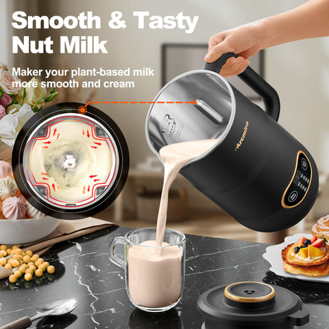 Arcmira 8-blade mixing system shown for silky, smooth non-dairy beverages.
