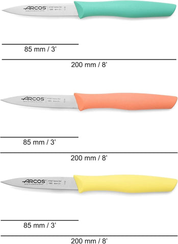 Arcos paring knife with orange handle for comfortable peeling.