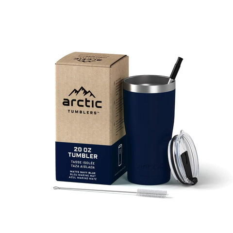 Arctic Tumblers 20oz navy blue with straw keeps drinks cold for hours during commutes.