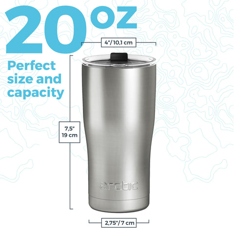 Arctic Tumblers 20oz vacuum insulated tumbler maintains temperature on trips.
