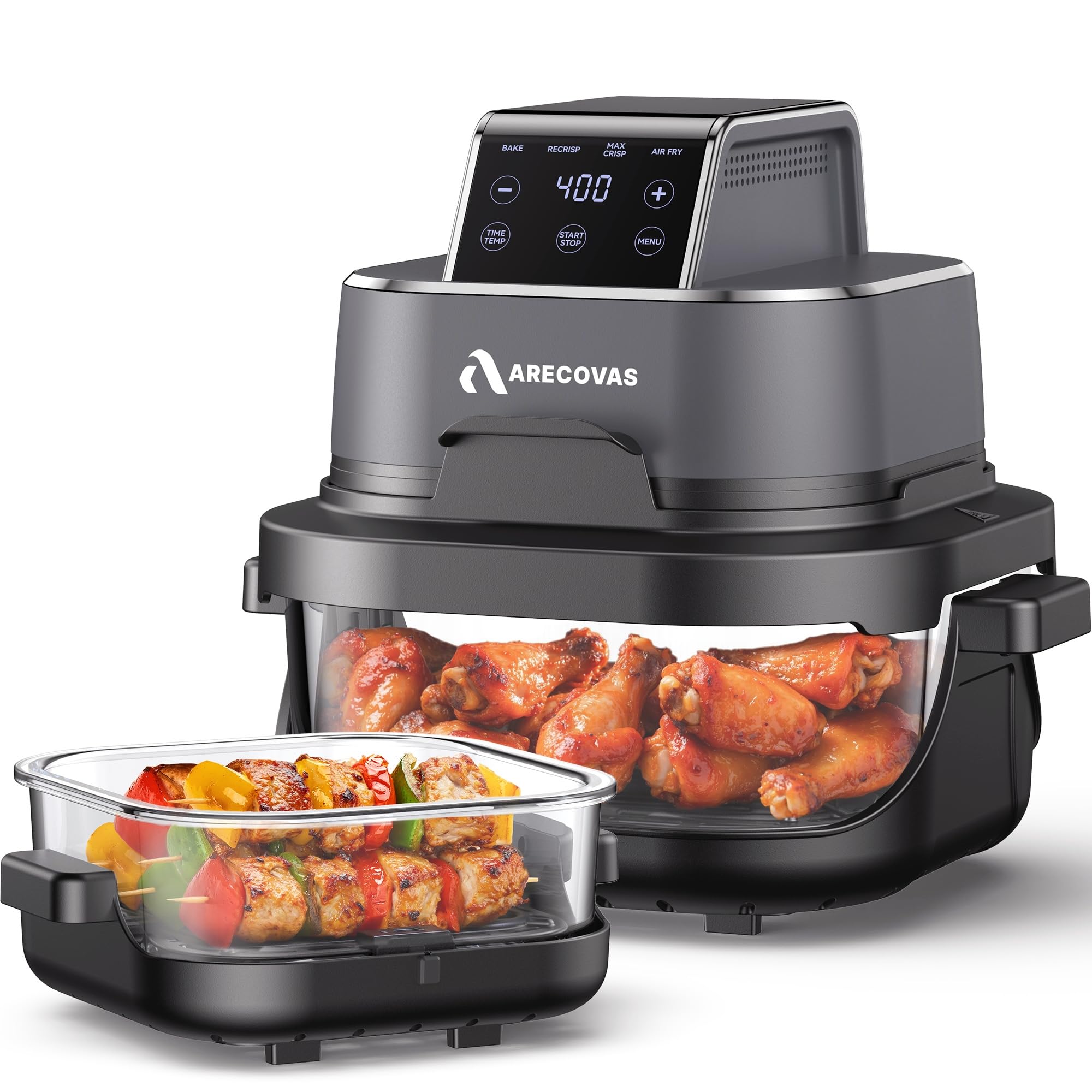 Arecovas 4-in-1 portable glass air fryer on the counter for versatile cooking