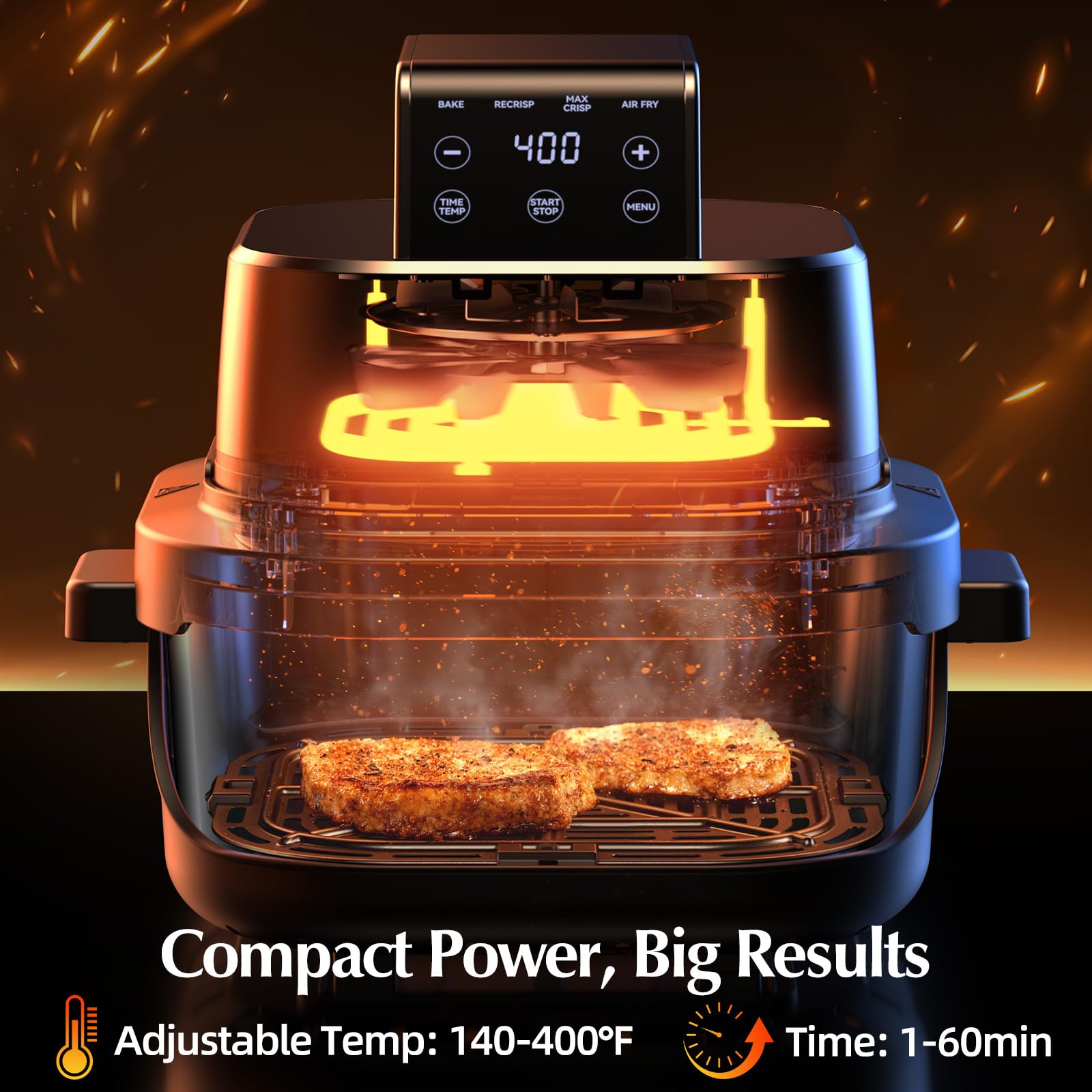 Arecovas glass basket with 360 view monitors progress during cooking