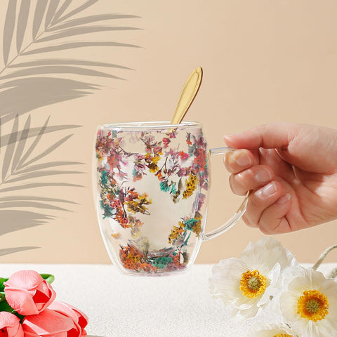 Arefen 280ml borosilicate mug with dried flowers, safe high-temperature design