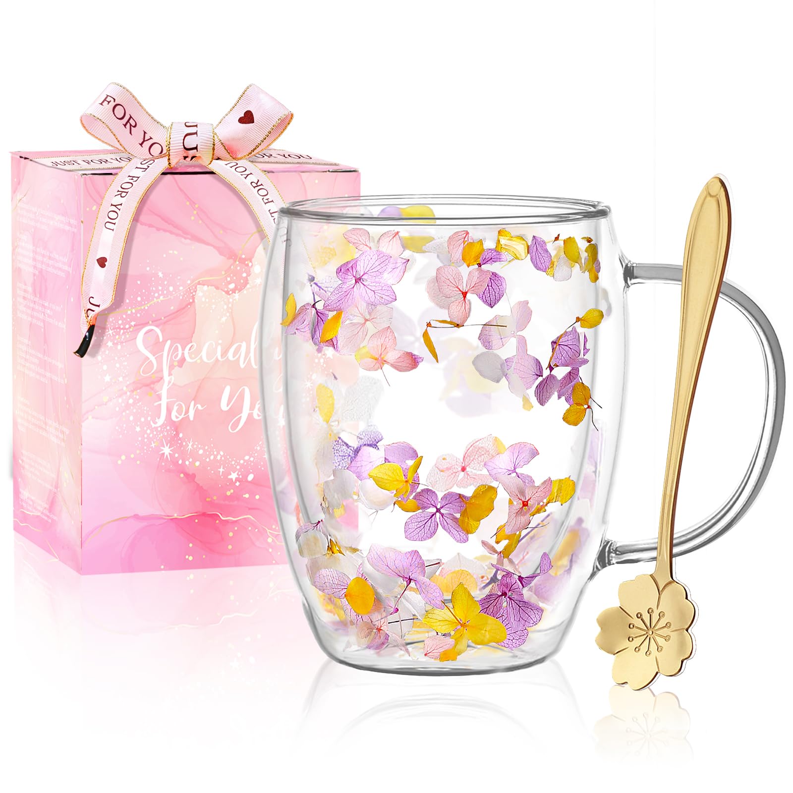 Arefen double-wall glass mug with dried flowers keeps drinks hot and cool to touch