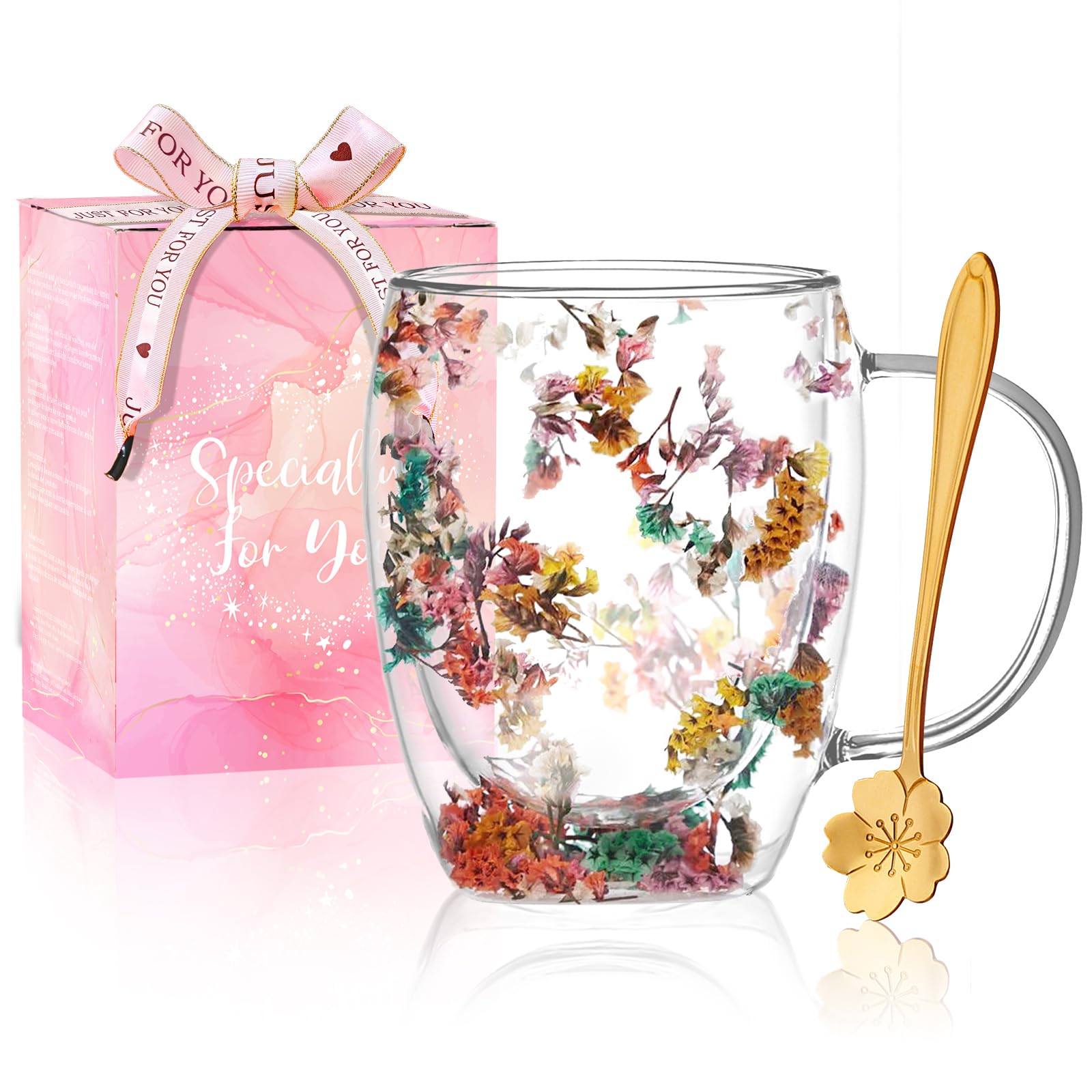 Arefen dried flowers glass mug with handle, stylish for hot coffee and tea