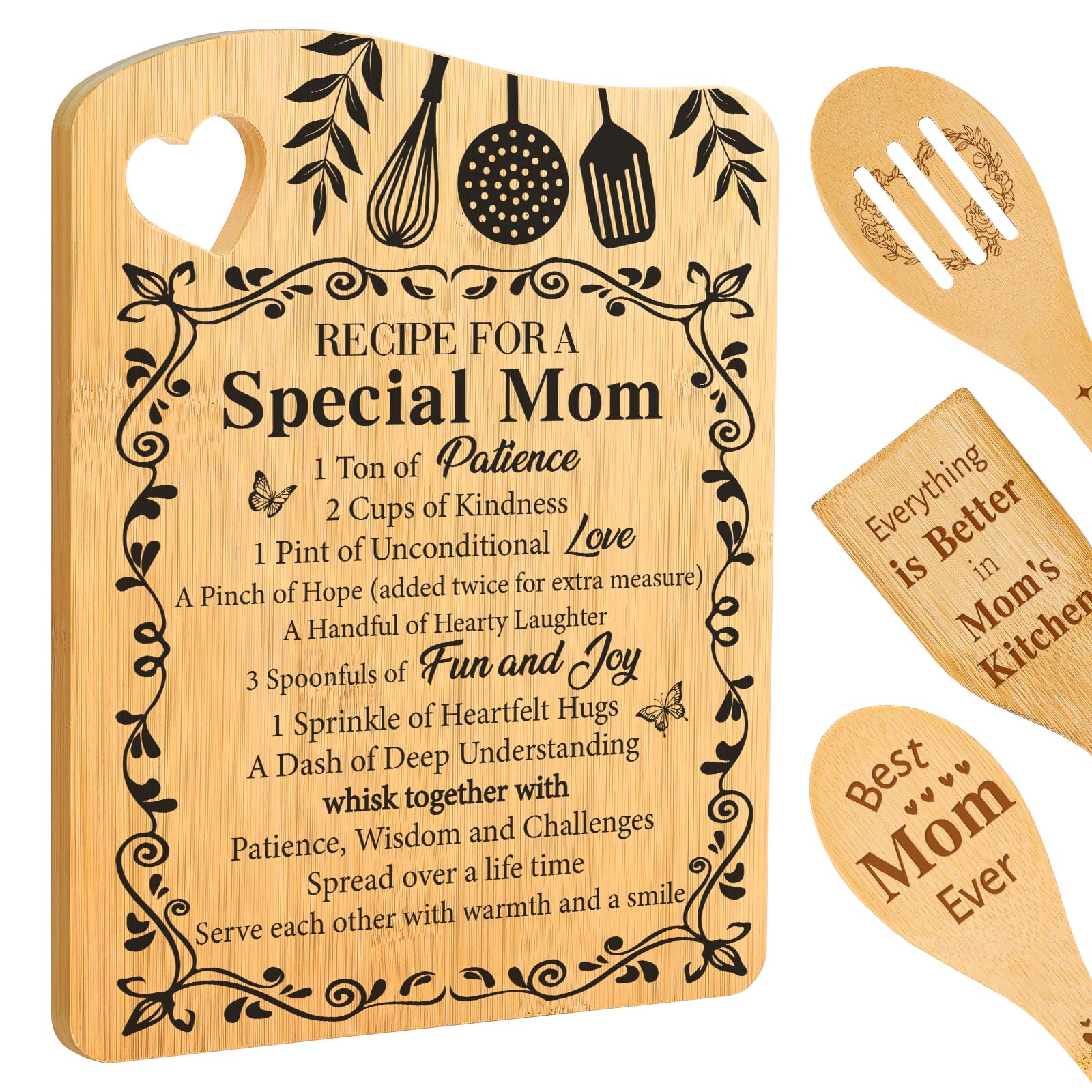 Aremdys bamboo cutting board with recipe design, a thoughtful mom gift.