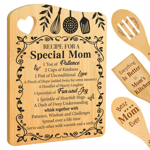 Aremdys bamboo cutting board with recipe design, a thoughtful mom gift.