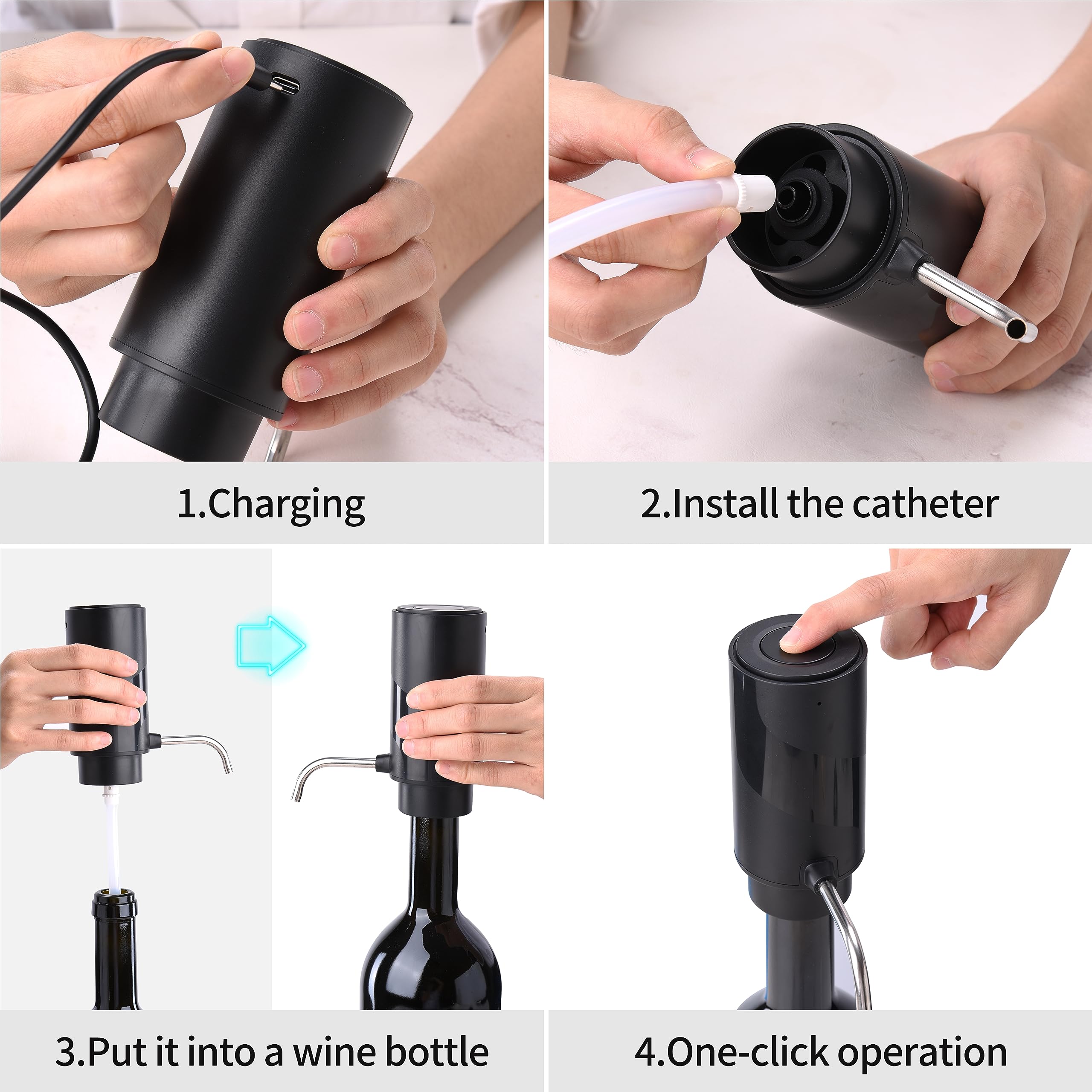 AREYCVK Type-C rechargeable battery powers portable wine aeration.