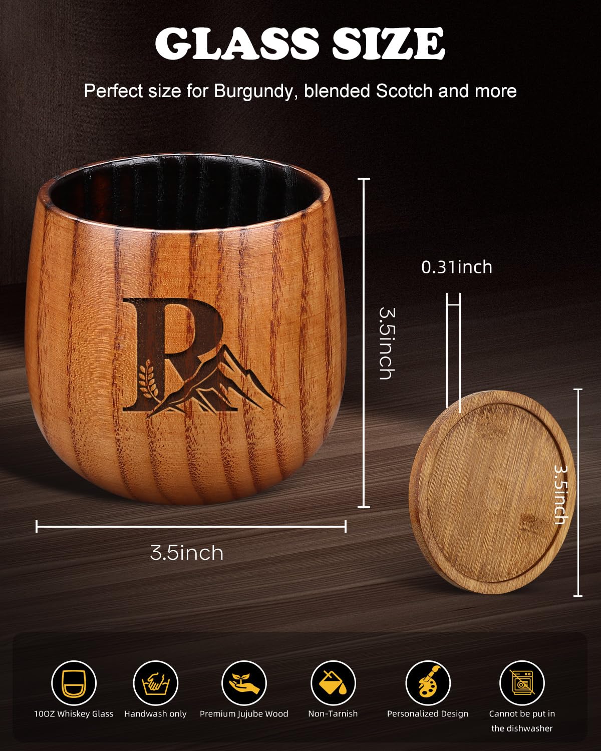 Argefkeen Charred Wood Whiskey Glass 10oz Old Fashioned, showcasing warm wood tones for smoother sips