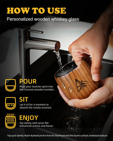 Argefkeen charred wooden whiskey glass closeup-wood-grain reveals rich texture for visual appeal.