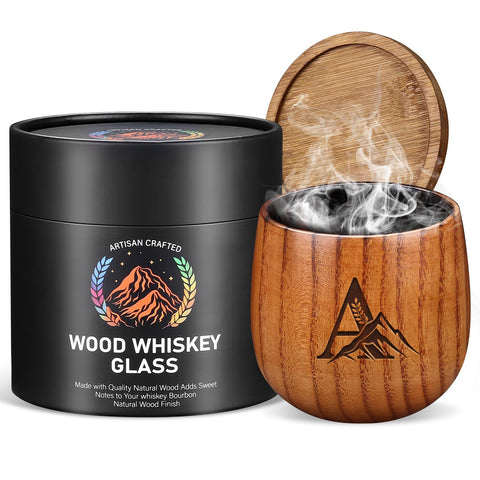 Argefkeen charred wooden whiskey glass front view highlights handcrafted grain for a unique piece.