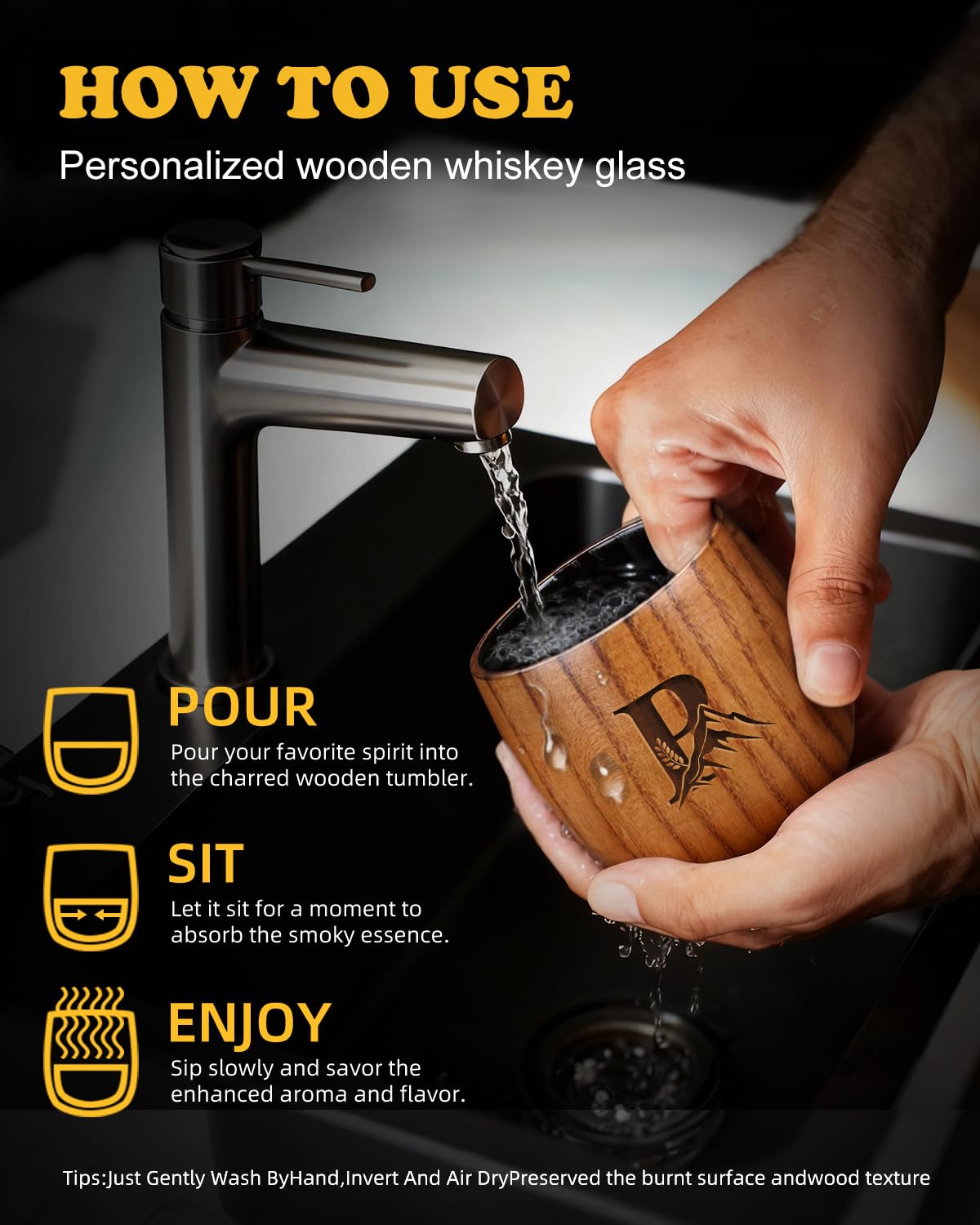 Argefkeen charred wooden whiskey glass in-use with ice enhances cooling.