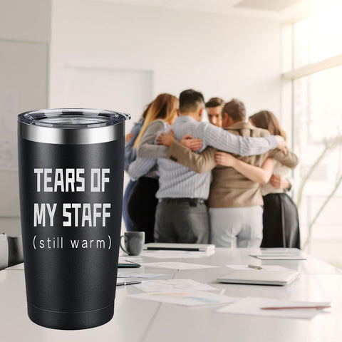 ARIABLE Tears of My Staff tumbler side engraving adds humor during long workdays.