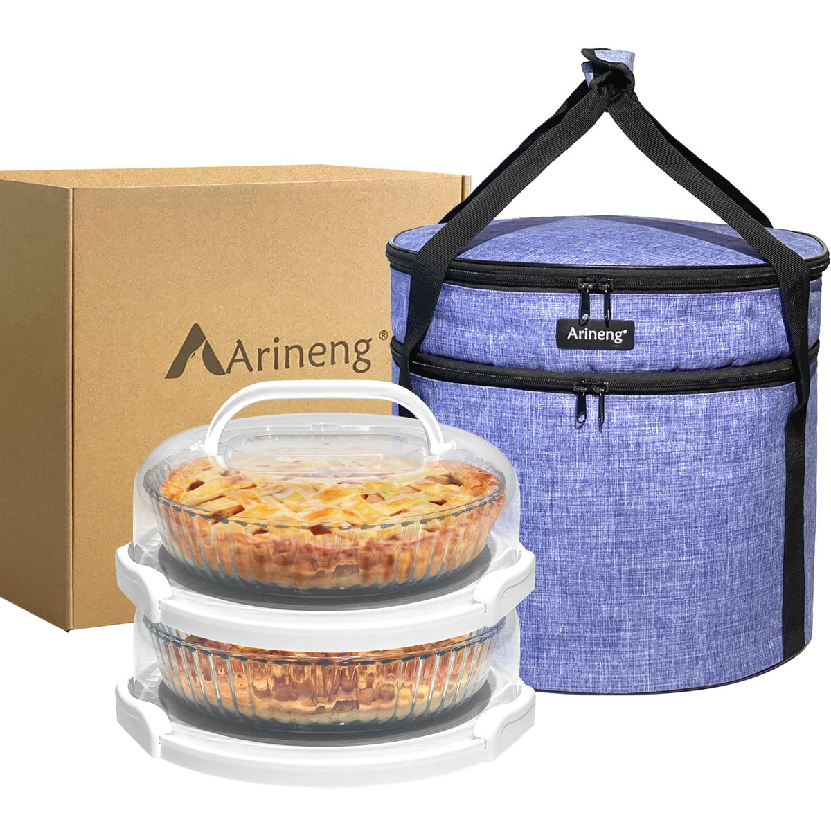 Arineng pie container with lid and handle in purple for secure transport.