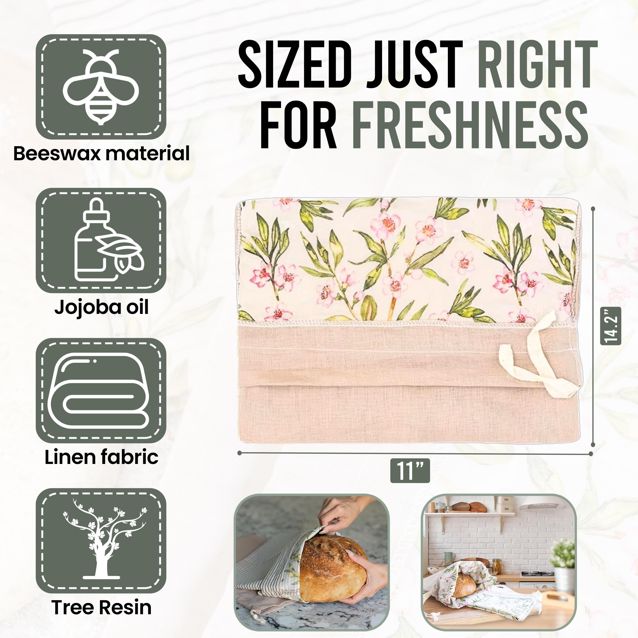Ark & Aron beeswax bread bag with almond branch design keeps crusty bread fresh