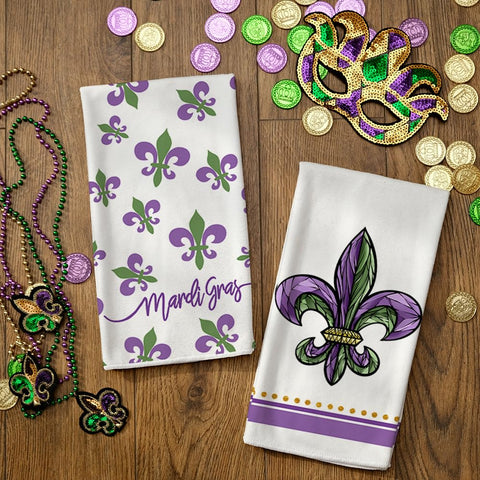 ARKENY kitchen towels set featuring bright Mardi Gras motif for festive cleanup