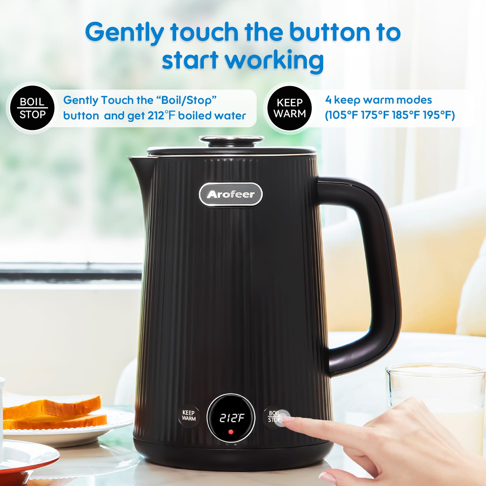 Arofeer 1200W heating element delivers fast boiling for busy mornings.