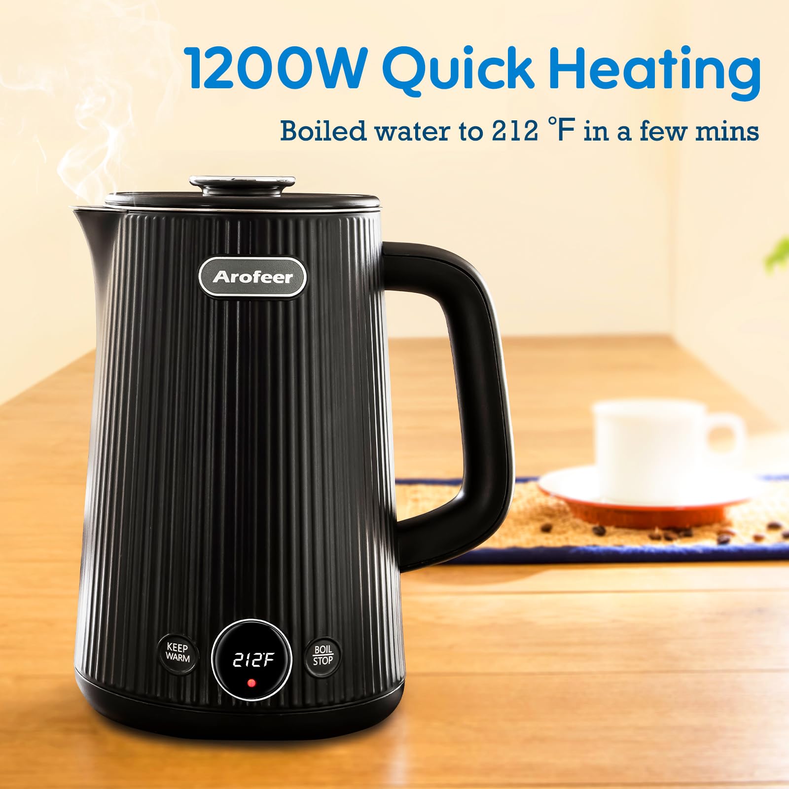 Arofeer kettle operates with low noise for peaceful kitchen moments.