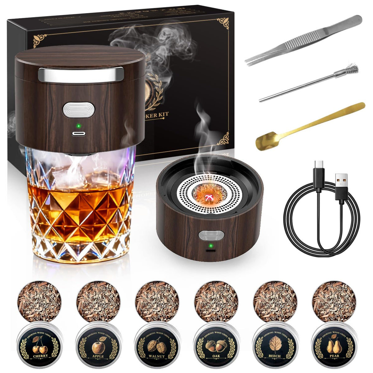 Aromara electric whiskey smoker kit shown over a glass for a smoky pour