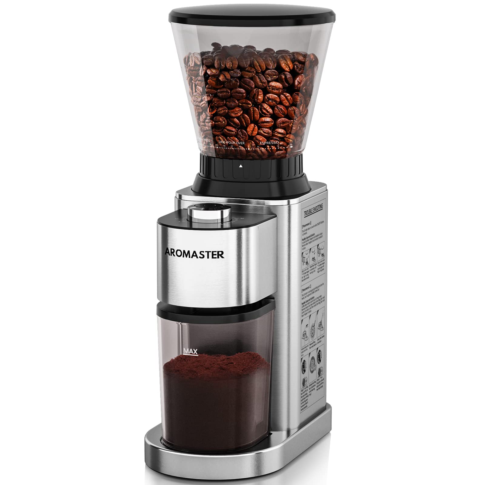 Aromaster burr coffee grinder with 48 settings for espresso to French press.