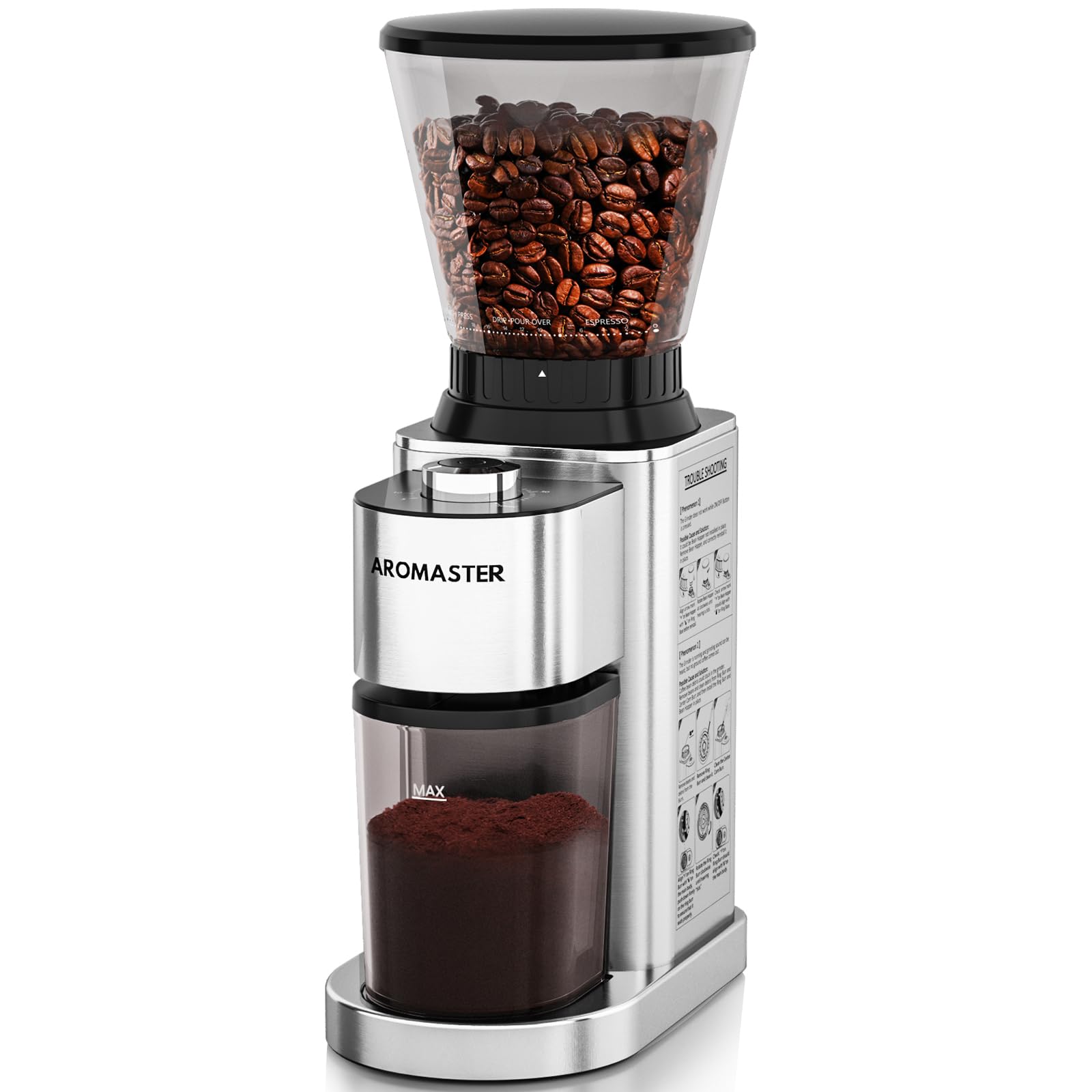 Aromaster burr coffee grinder exterior in stainless steel for durable home use.