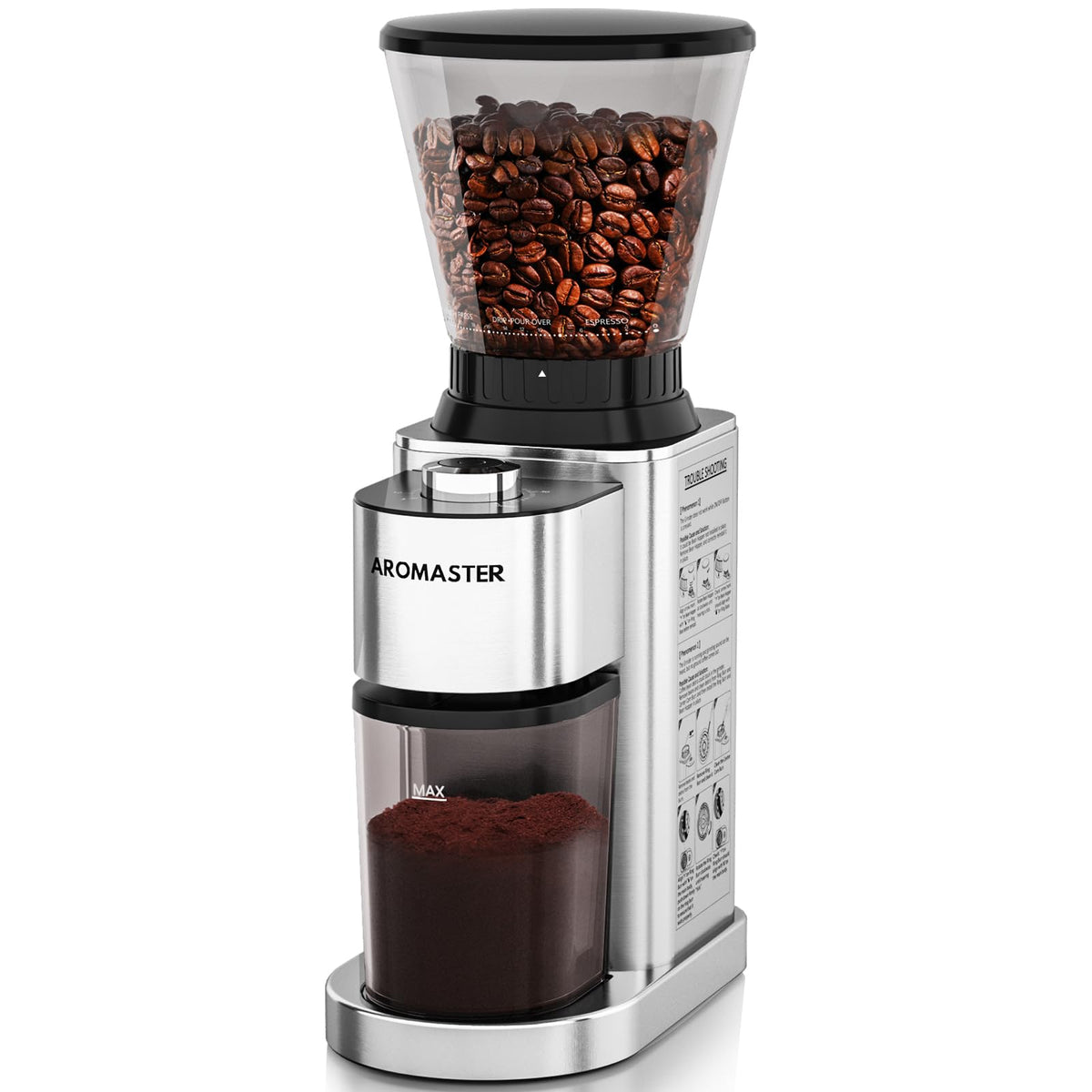 Aromaster burr coffee grinder exterior in stainless steel for durable home use.