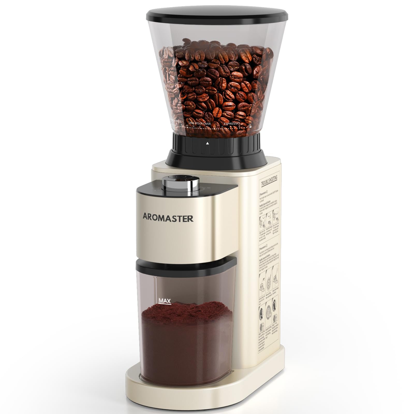 Aromaster coffee bean grinder with 48 settings for precise espresso grind.