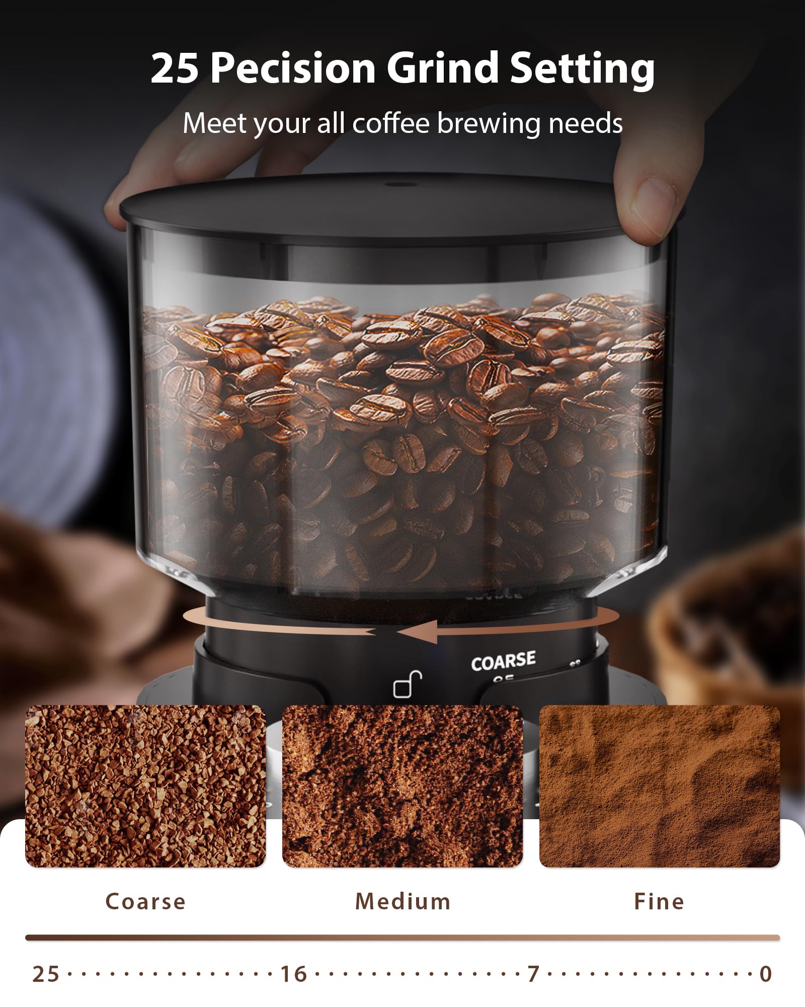 Aromaster grinder with digital panel showing 25 grind settings for versatile brews.