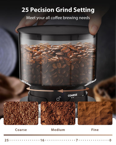 Aromaster grinder with digital panel showing 25 grind settings for versatile brews.